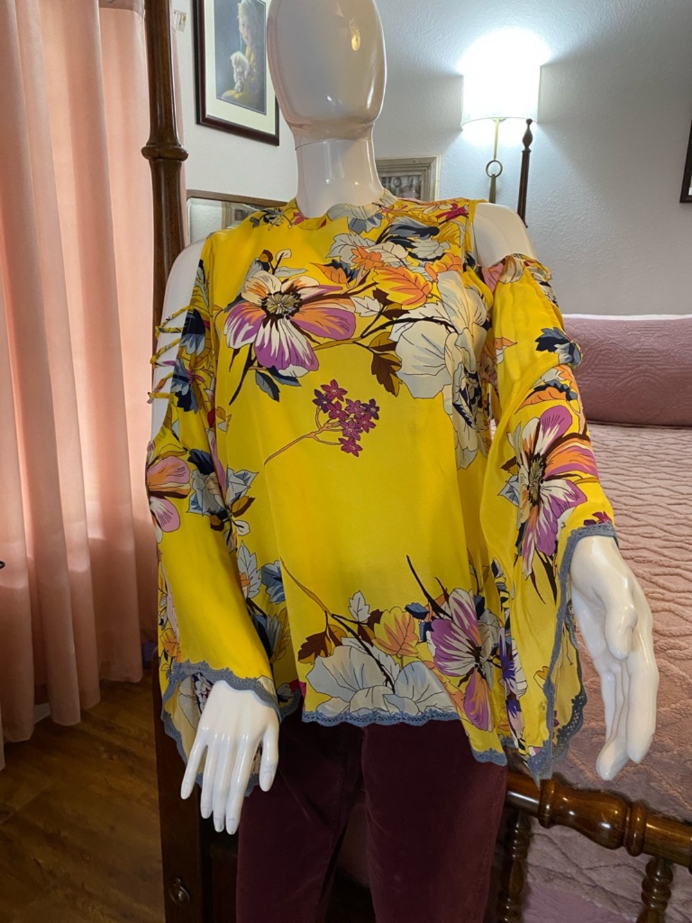 Johnny Was Yellow Floral Cold-Shoulder Blouse